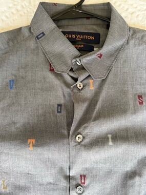 Louis Vuitton Gray Button-Down Shirt with Multicolor Letter Embroidery